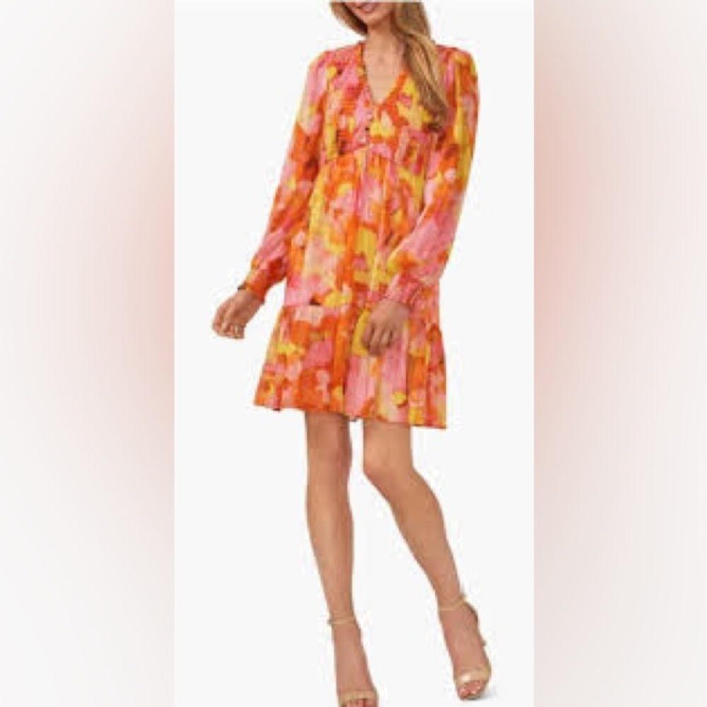CeCe Pink and Orange Floral Long Sleeve Dress